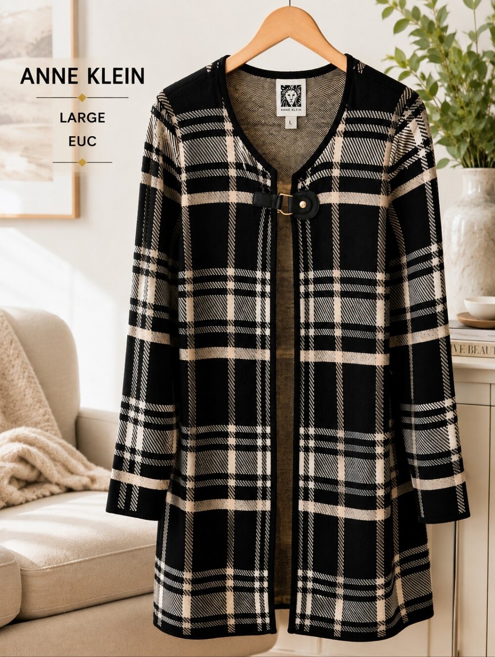 Anne Klein Black White Plaid Cardigan Sweater | Buckle Front | Large | EUC - Picture 8 of 10